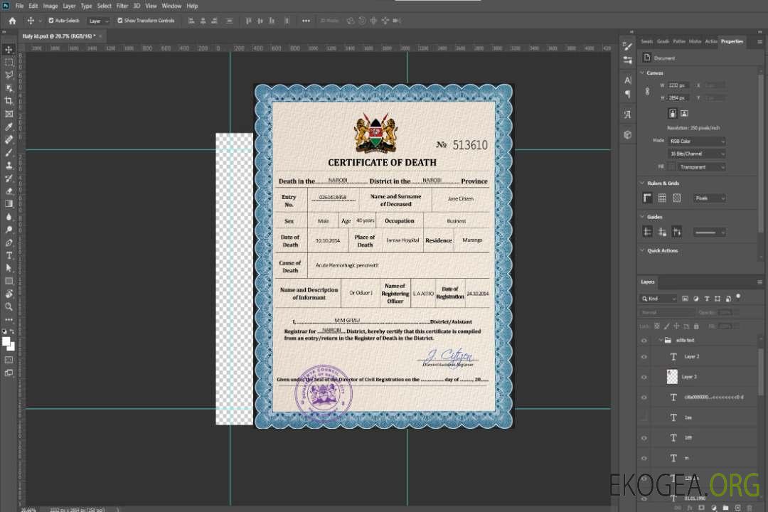 Modèle PSD de certificat de décès de l'état civil du Kenya template Modèle PSD de certificat de décès de l'état civil du Kenya template